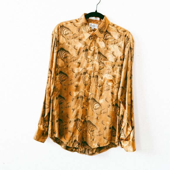 Vintage 80s/90s Fontelli Gold Metallic Fish Print Disco Shirt – Men’s M 15–15.5 - Picture 1 of 6